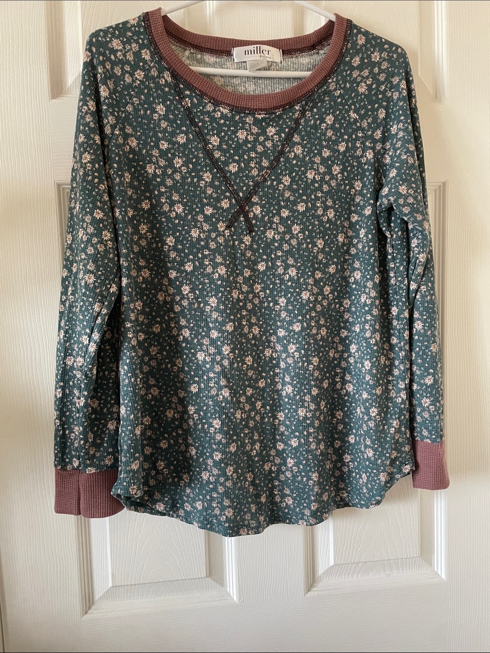Teal floral waffle knit long sleeved tee